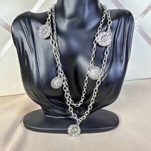 Silver Coin Pendant Double Strand Necklace
